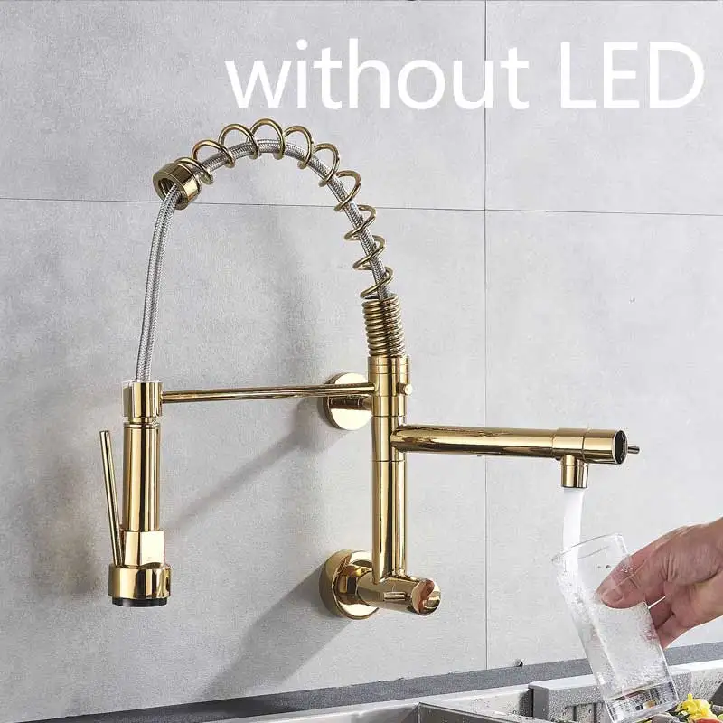 gold without led Светодиодный кухонный кран с 2 носиками и одной ручкой для мытья холодной воды, настенный смеситель - Цвет: gold without led