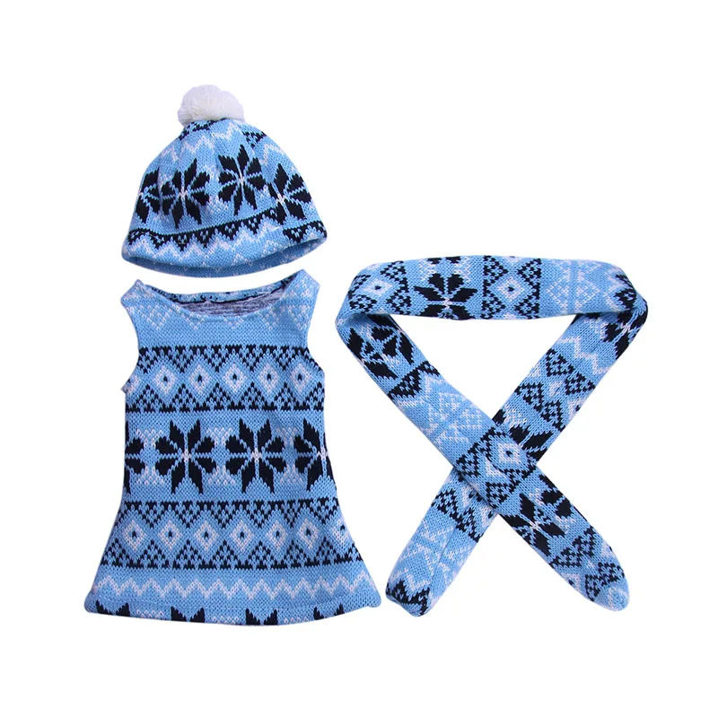 

Doll Clothes 3 Pcs Sweater Dress+Scarf+Hat Fit 18 Inch American Doll & 43 Cm Born Doll For Generation Toy Accessories