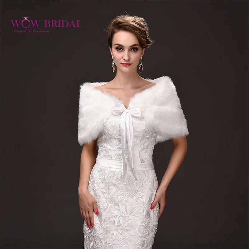 

Wowbridal 2021 Elegant Wedding Jacket Submissive Faux Fur Bow Appliqued over the Chest Shawl Bridal Coat Accessories