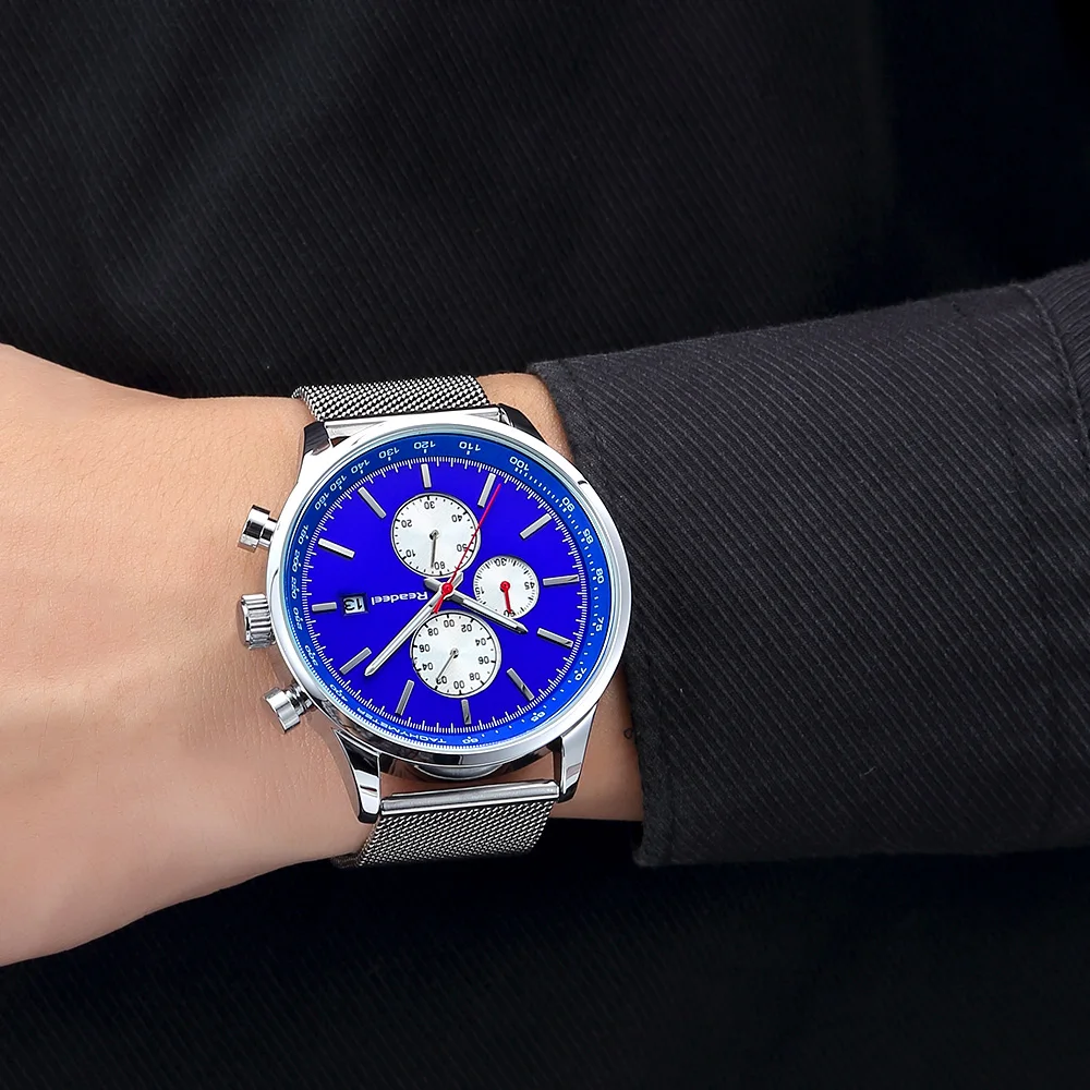 Часы мужские кварцевые с сетчатым браслетом светящиеся хронографом из