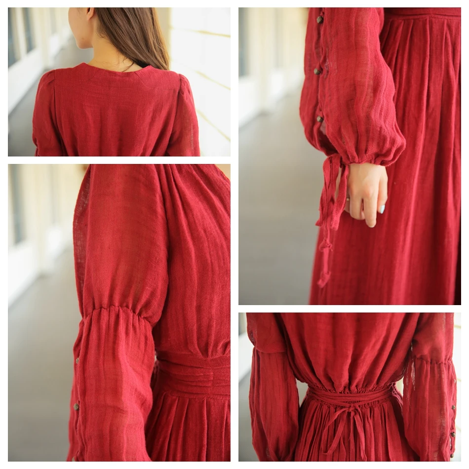 Женское красное платье макси в национальном стиле свободное из хлопка и льна