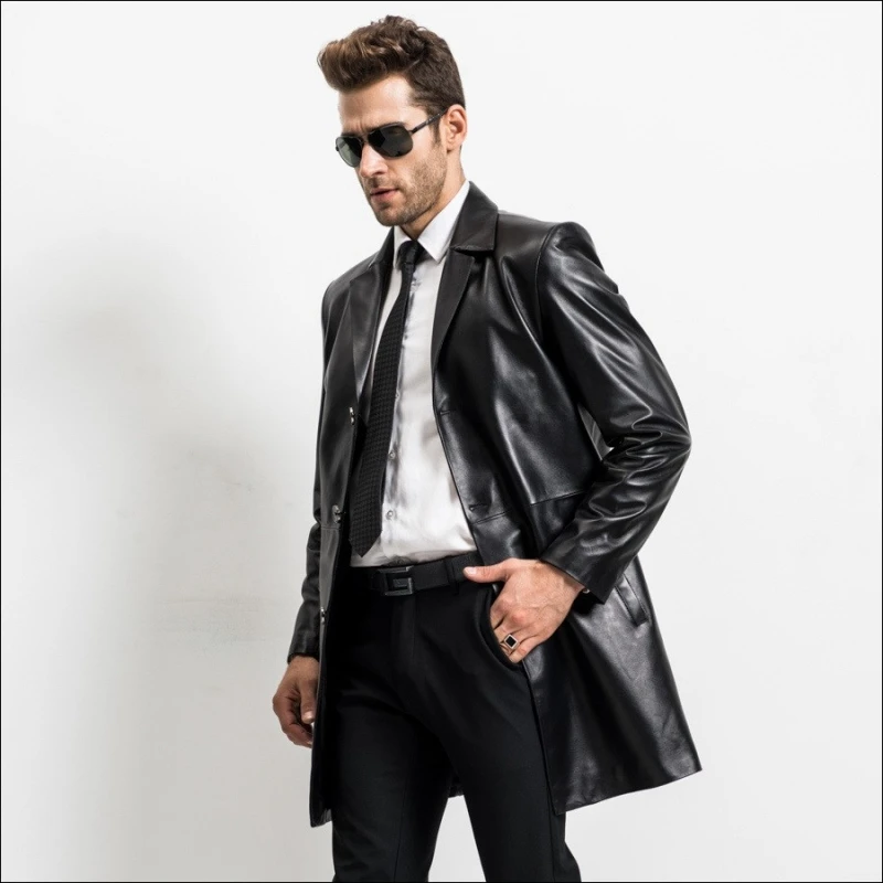 Мужская куртка из натуральной кожи весенне-осеннее деловое длинное пальто