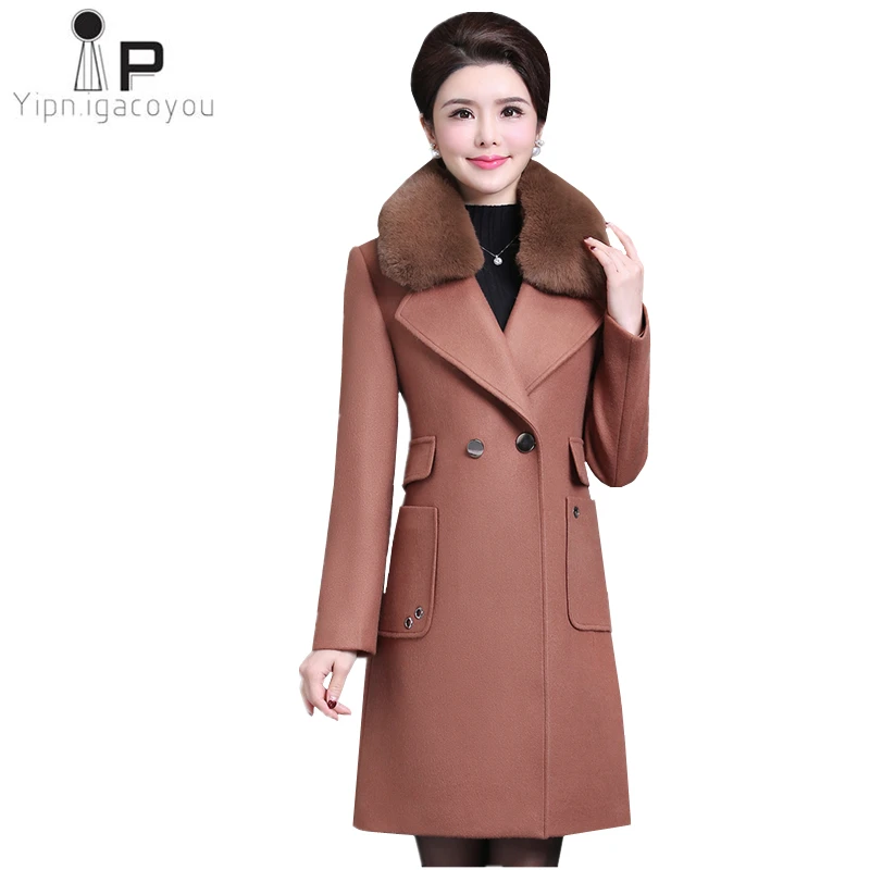 Женское шерстяное пальто с большим меховым воротником Осень зима большие