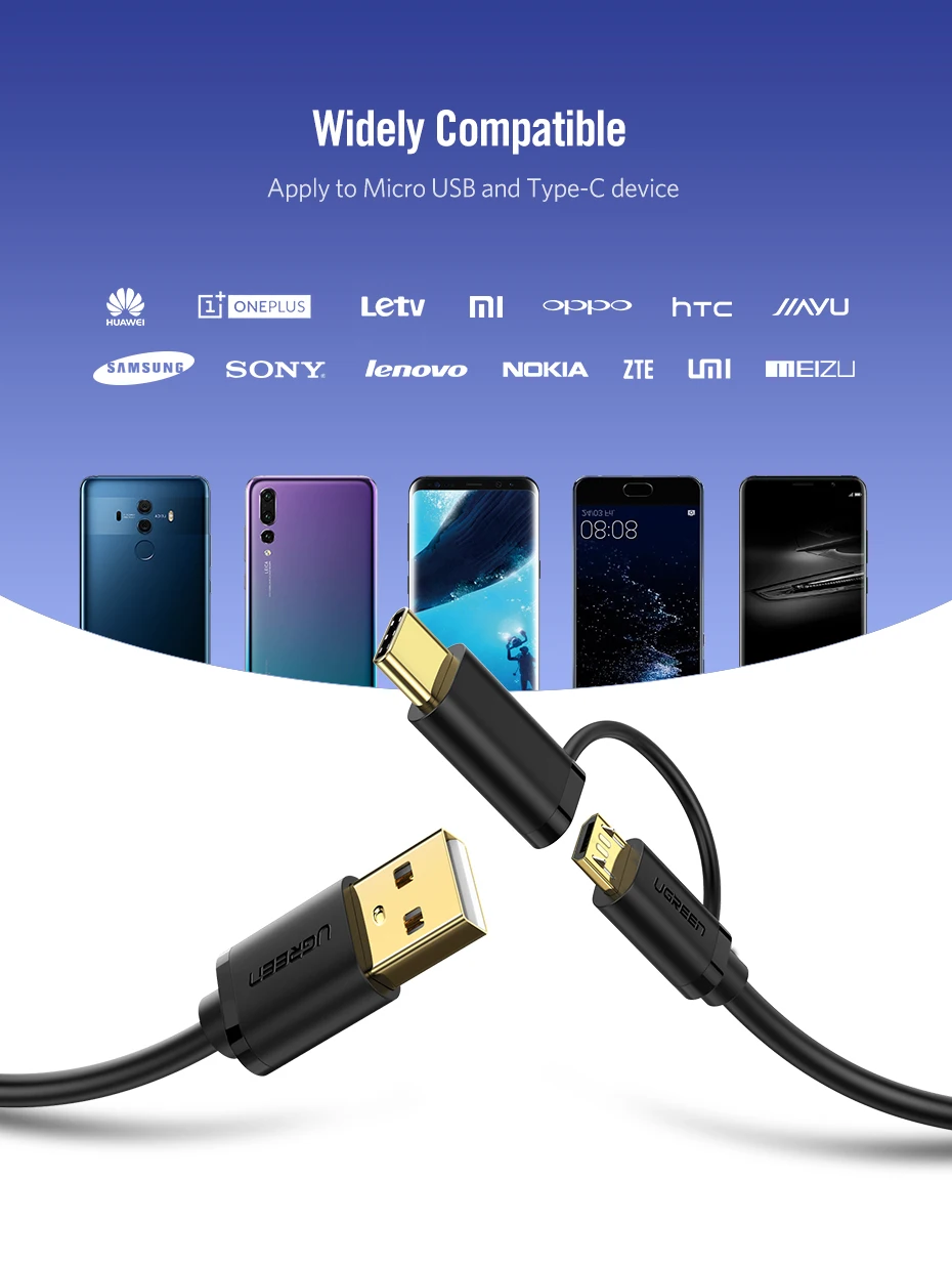 Ugreen usb type-C кабель для samsung Galaxy S10 S9 Plus 2 в 1 быстрая зарядка Micro USB кабель для Xiaomi Tablet Android USB кабель