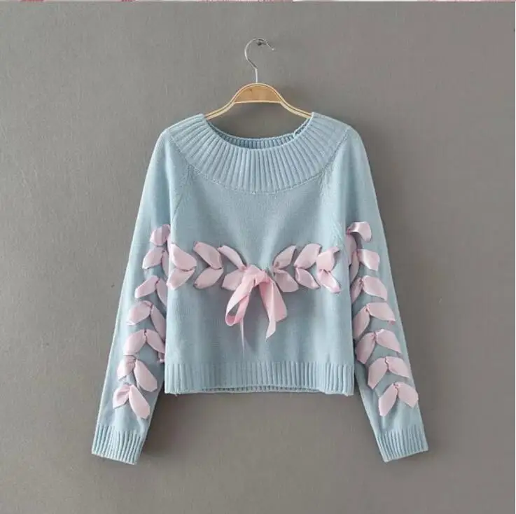 2017 Fashion new winter ladies sweater solid color cute silk banded bowknot Loose knitted pullover for female | Женская одежда