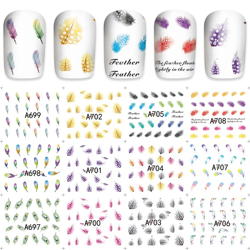 

12 sheets feather design Nail Art Full cover Water Transfer decals NAIL STICKER SLIDER TATTOO Nail Accessories beauty tools A708
