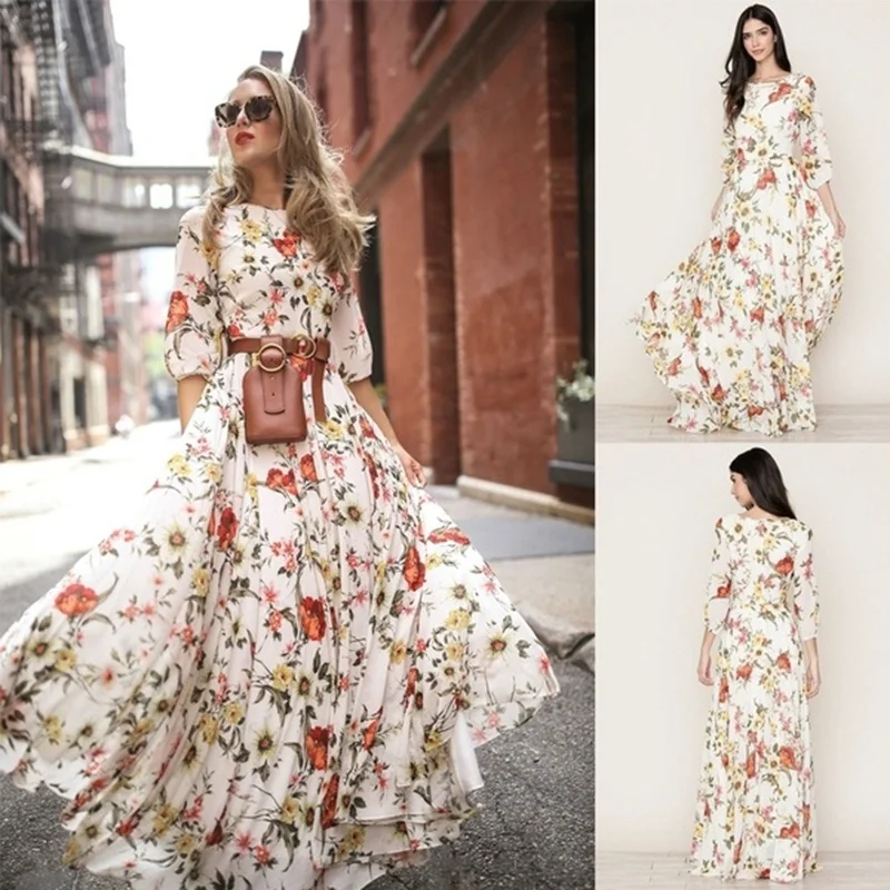 Летнее женское богемное ретро платье с цветочным принтом и короткими рукавами