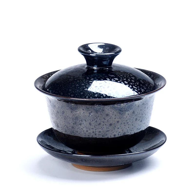 Фарфоровый набор чайных чашек Gaiwan Da Hong Pao Tie GuanYin чайная супница Молочный Улун чайная миска чайник керамика Цзиндэчжэнь красочные Temmoku - Цвет: TemmoBlack