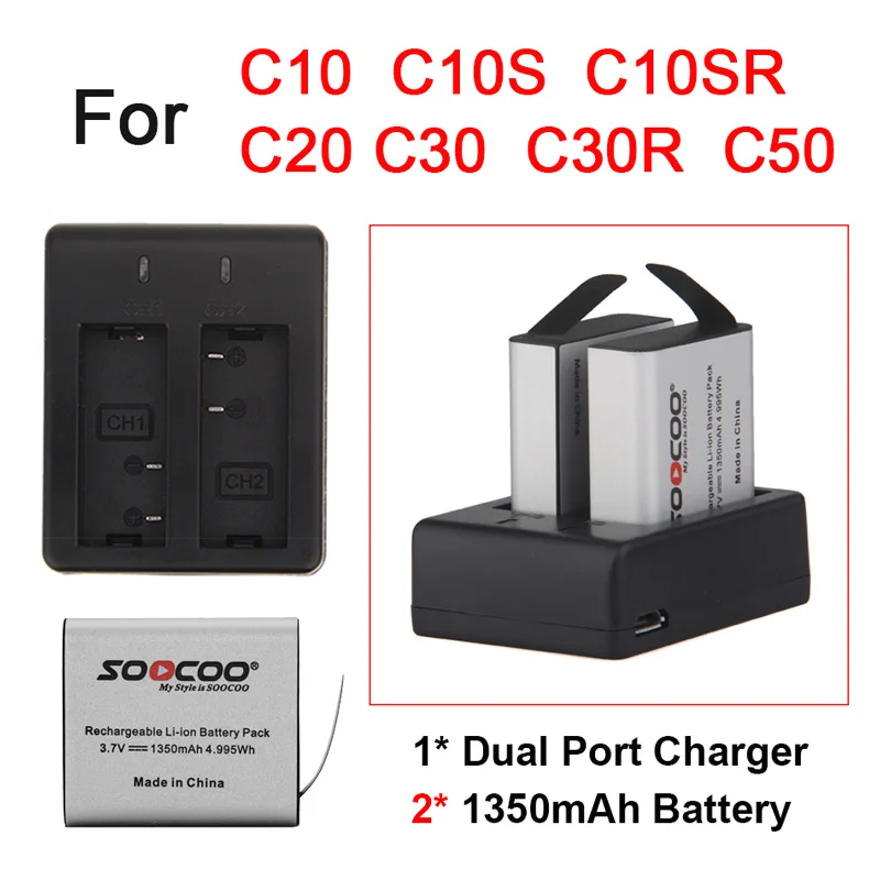 2 шт. оригинальный soocoo на Батарея и двойной Зарядное устройство для c10 c10s c10sr C20 C30