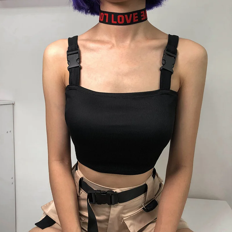 

Street Style Buckle Tank Top Women Fashion Suspenders Crop Top Vest Short Sexy 2019 Cropped Tanks Camisole Haut Femme