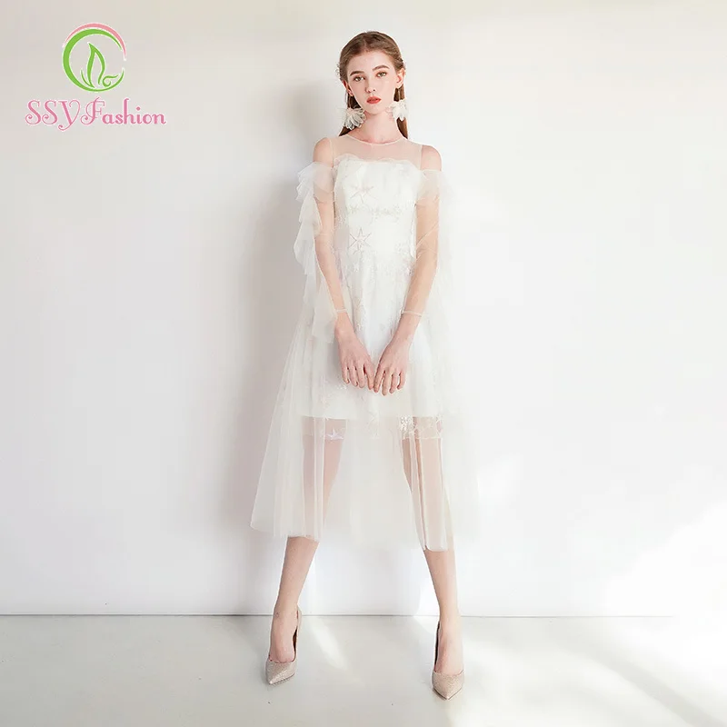 SSYfashion элегантное платье с вырезом &quotлодочка&quot оборками молния сзади чай Длина