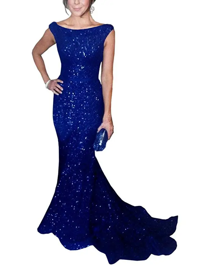 Solovedress ткань Кепки одежда в морском стиле с длинными рукавами с пайетками вечернее платье, с вырезом лодочкой, блестящие вечерние платья vestido de fiesta SLD-SLP9009 - Цвет: Royal Blue