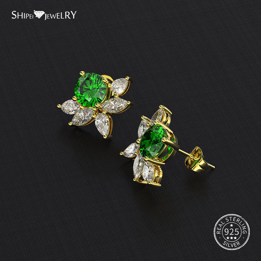 Shipei 925 пробы серебряные ювелирные изделия милые/Романтические изумруд драгоценный камень лист серьги гвоздики для женщин Подарок на годовщину