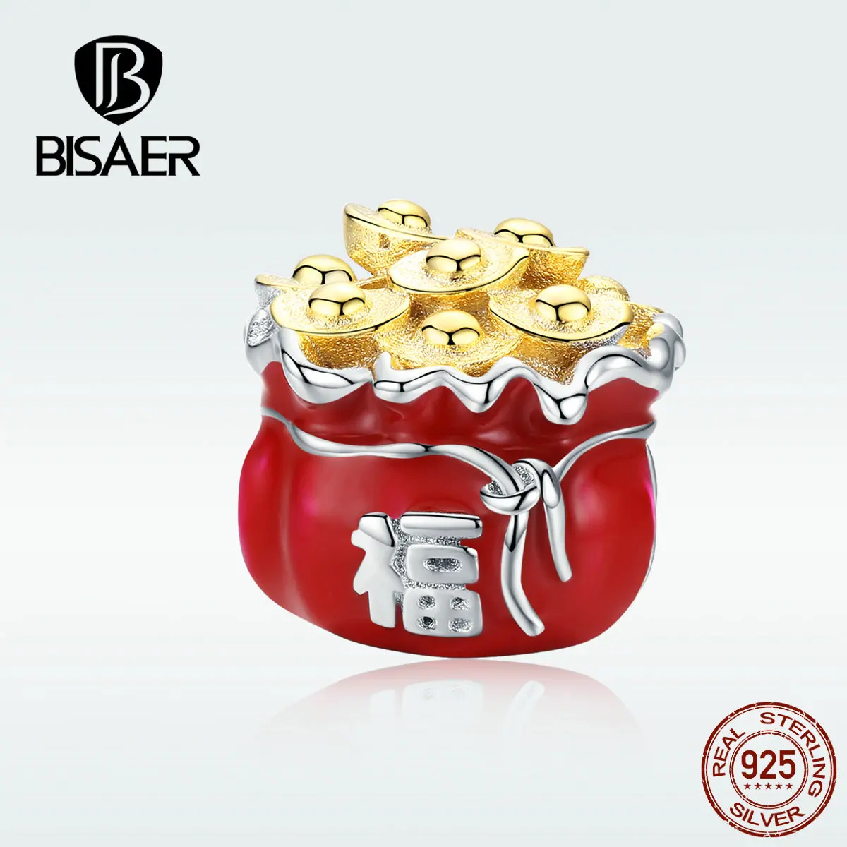 BISAER Горячая 925 пробы Серебряный счастливый мешок бусины Красная эмаль счастливый мешок талисманы fit Шарм браслеты серебро 925 ювелирные изделия EFC100