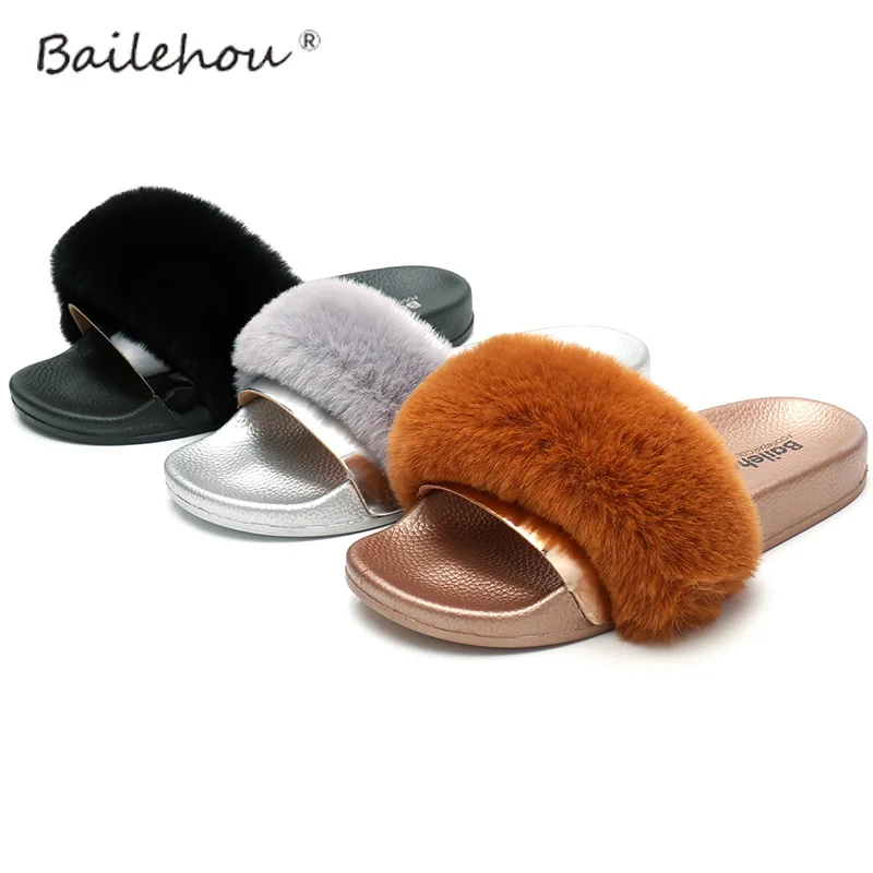 Шлепанцы женские с мехом домашние сандалии шлепанцы плоская подошва золотистые