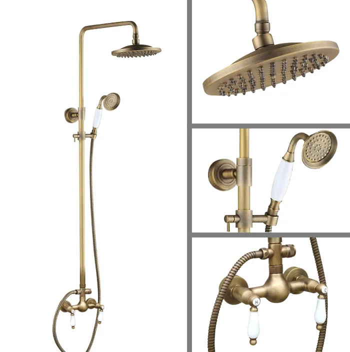 

Vintage Retro Antique Brass Wall Mounted Bathroom 8" Round Rain Shower Head Faucet Set Dual Ceramic Handles Mixer Tap man118