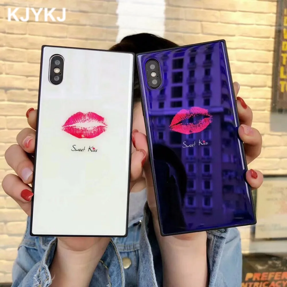 Роскошный закаленное стекло квадратный красный поцелуй чехол для iphone XS MAX S 7 6 6s 8