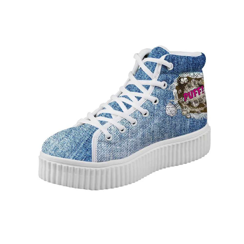 WHEREISART/Женская обувь на платформе Цвет деним кроссовки с принтом кота парусиновая