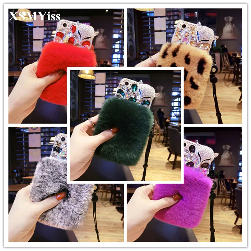 

XSMYiss Luxury Bling Rhinestone Fox Diamond Real Rabbit Fur Soft Case For SamsungA3 A5 A7 2017 A9 A8 A6 PLUS A50 A70 A80 A51 A71