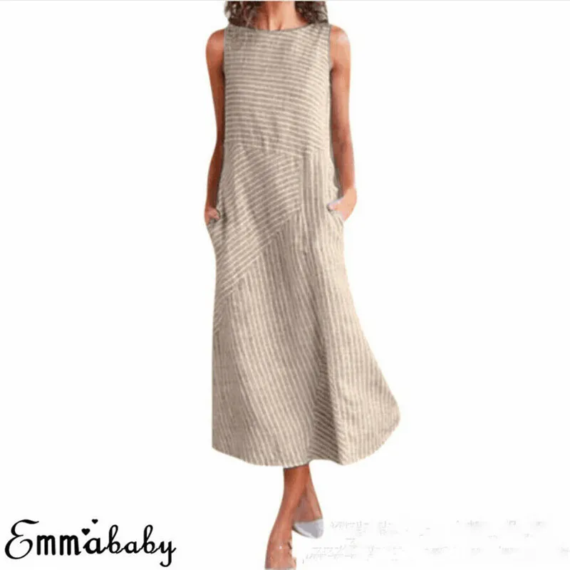 Хаки Сексуальные женские свободные платья Boho, летнее пляжное платье без рукавов, женские полосатые повседневные праздничные платья, длинное платье - Цвет: Хаки