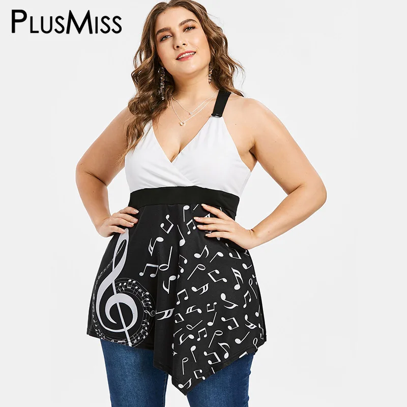 PlusMiss плюс размер 5XL 4XL Лето 2018 Музыка Примечание Асимметричная Туника женские
