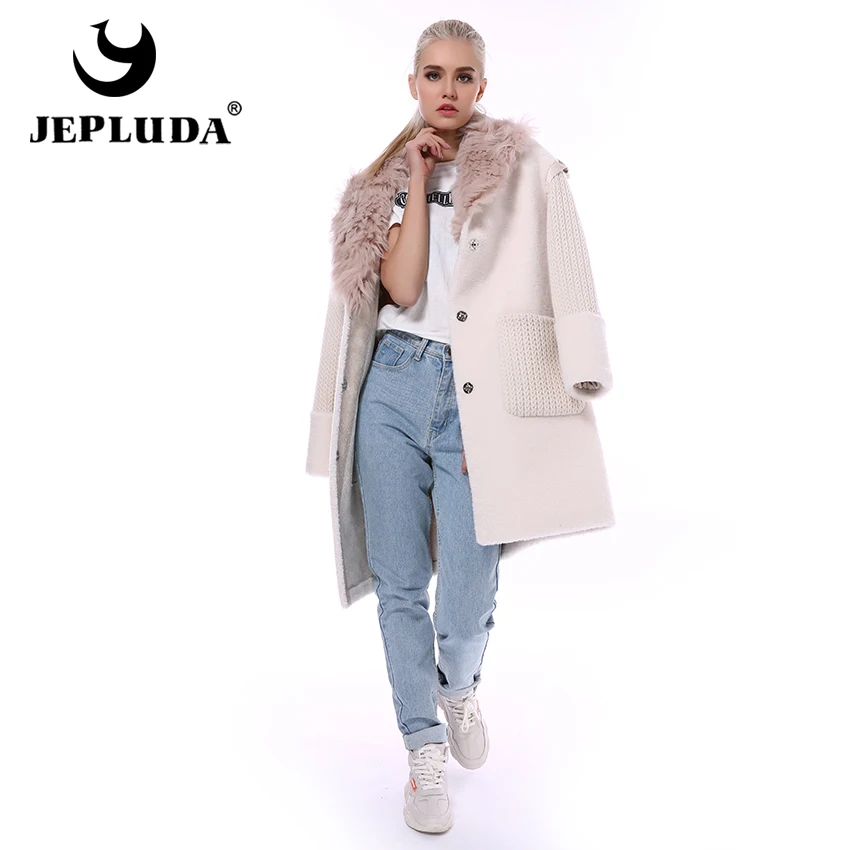 

JEPLUDA New 100% Natural Wool Blends Teddy Bear Coat Lamb Fur Collar Wool Knit Sleeves Real Fur Coat Women Real Sheep Fur Jacket