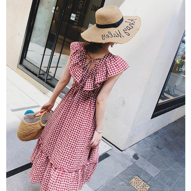 Women Casual Red White Plaid Summer Long Dress Ruffle Edge V-neck High Waist Sleeveless Sundress Big Size New Arrival Hot Sale | Женская
