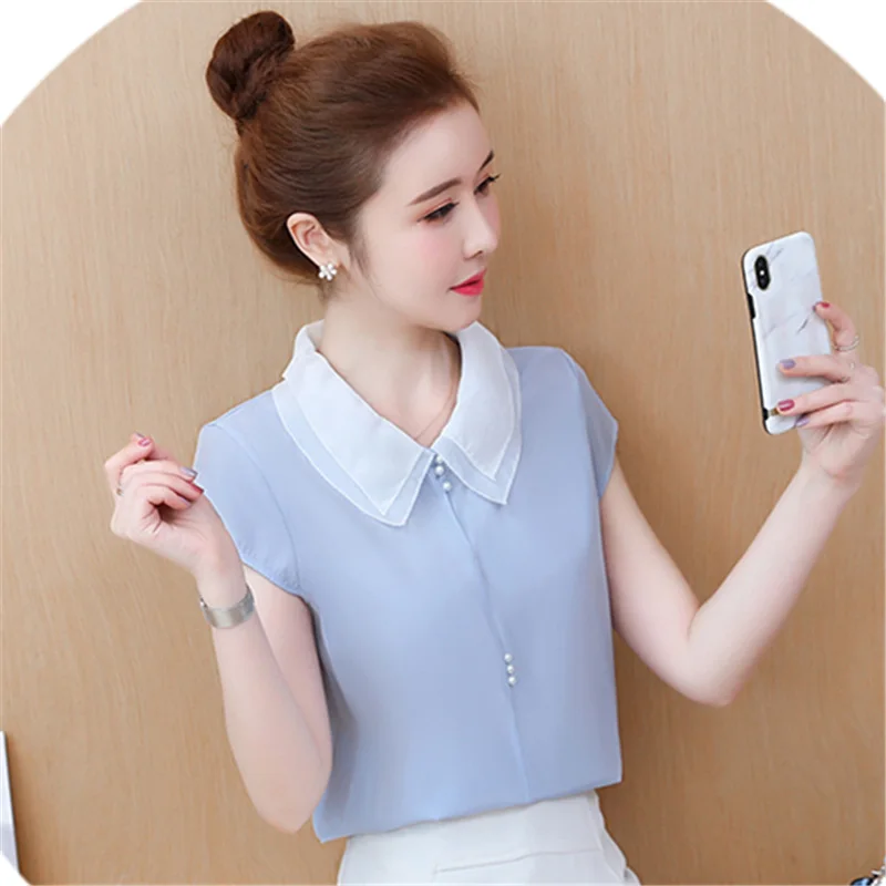 

2019 New Women Summer Blouses And Tops Turn-down Collar Chiffon Fashion Shirt Short Sleeve Clothing Feminine Blusas Plus Size