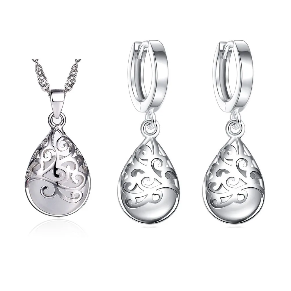 

New Fashion 925 Sterling Silver Sets Moonstone Opal Tears Totem Earrings Necklace Sets For Women Jewelry Christmas Gift