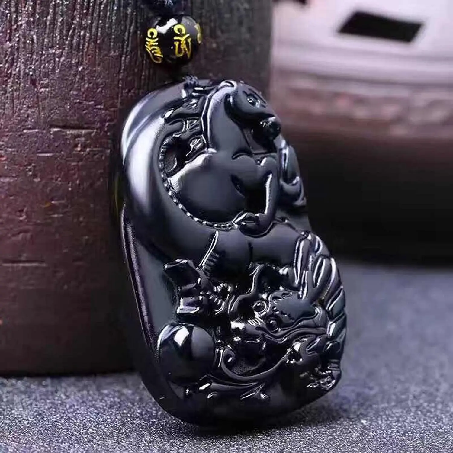 Koraba Fine Jewelry ручной резной Obsidian Lucky богатых Дракон Лошадь Подвеска Цепочки и