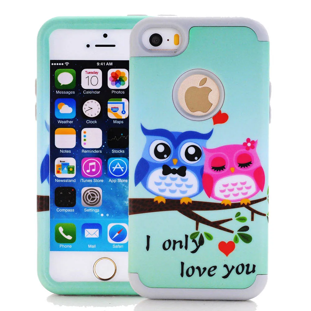 for iPhone SE 5S 5C 5 Phone Case Cute Animal Bird Owl Paint Cases Rubber Shockproof Hybrid Silicone PC Defender Heavy Duty |