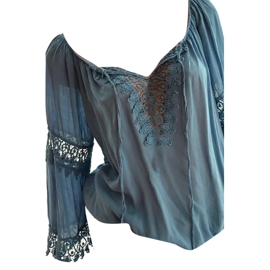 Blue Размера плюс S-5XL Женские топы с открытыми плечами Boho одноцветные женские сексуальные кружевные с длинным рукавом Блузка Топы Свободного Покроя blusas mujer de moda - Цвет: Blue