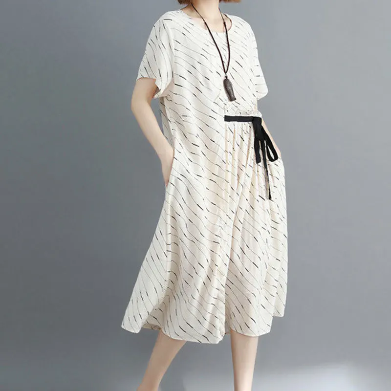 Twojstyle 2018 Summer Women Cotton Striped Dress Fashion High Waist Round Collar Short Sleeve Knee-Length Have Sashes | Женская одежда