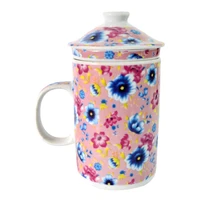 porcelain traditonal floral design lidded tea cup w strainer infuser j2176