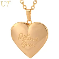u7 fashion jewelry women gift gold color choker chain locket i love you romantic heart necklaces pendants p388