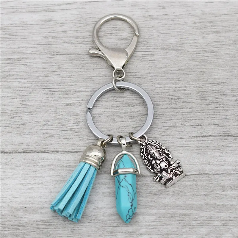 Indian Vintage Jewelry Antique Silver Meditation Elephant Buddha Ganesha Charm Tassel Pendant Natural Stone Key Rings Keychains | Украшения