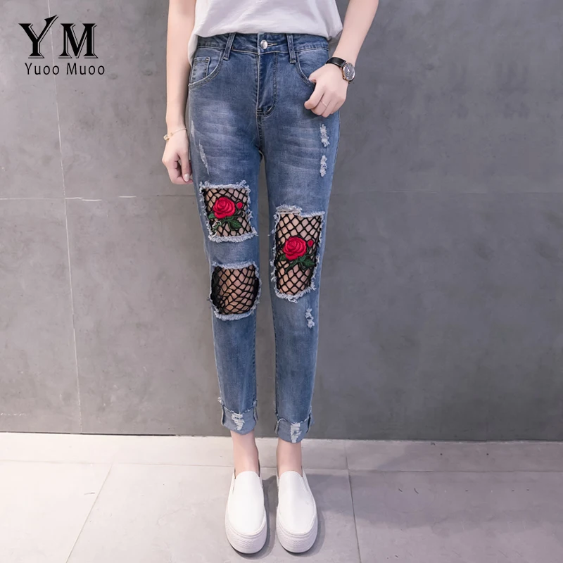 YuooMuoo New Hole Ripped Jeans for Women Fashion Net Design with Embroidery Rose Push Up Woman Denim Pants |