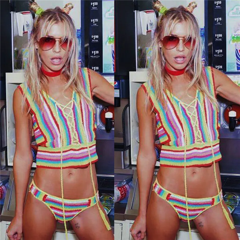 Женский купальник бикини пляжный трикотажный с радужным принтом танкини лето