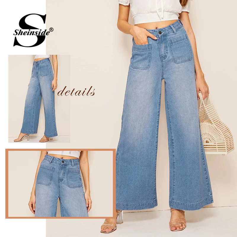 Sheinside Blue Vintage Double Pocket Detail Jeans Women Summer Mid Waist Wide Leg Trousers Ladies Denim Button Pants