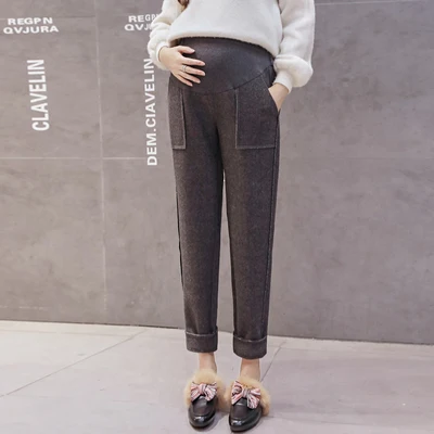 Black Grey 671# осень зима, модные штаны для беременных, плотные шерстяные теплые штаны для беременных женщин, регулируемые штаны-шаровары для беременных - Цвет: Black Grey