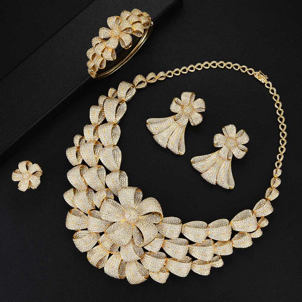 SisCathy Luxury Flower Bicolor Jewelry Sets Women Wedding Cubic Zirconia Dubai Gold Necklace Earrings Bangle Ring | Украшения и
