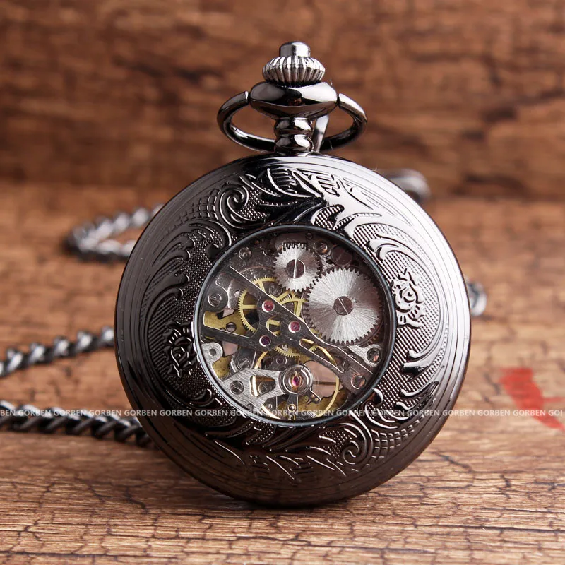 Retro Black Flower Hollow Mechanical Pocket Watch For Mens Steel Steampunk Unique Womens Mens FOB Chain Pocket Watches Gifts Box