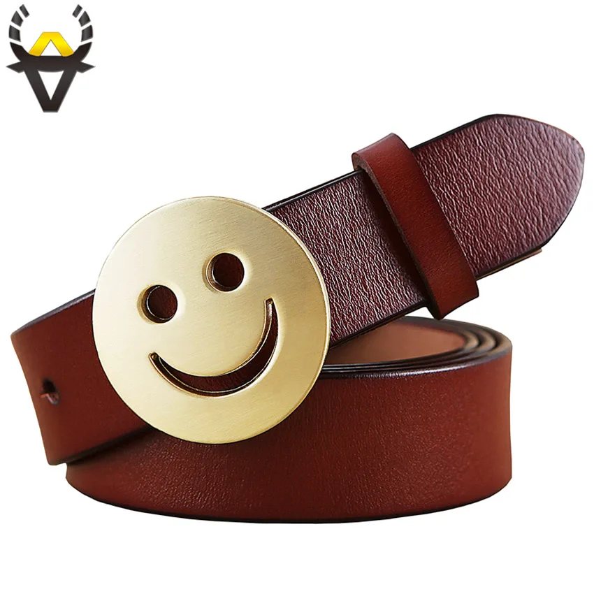 Женский кожаный ремень Smile face модный из натуральной воловьей кожи с пряжкой