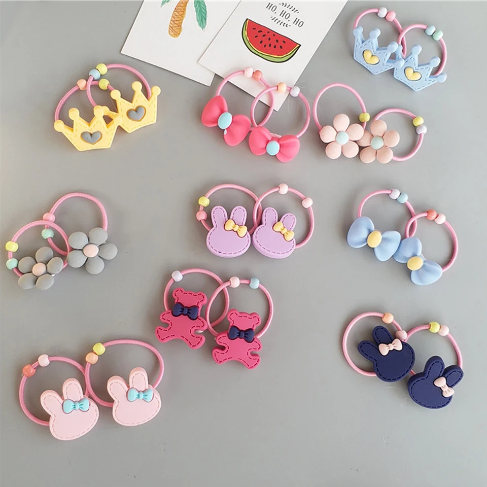 2pc/lot Little Girls' Flower Bow Hair Ties Crown Rabbit Bear Patternr Resin Plastic Band Rope Head Decoration HT065 | Детская одежда
