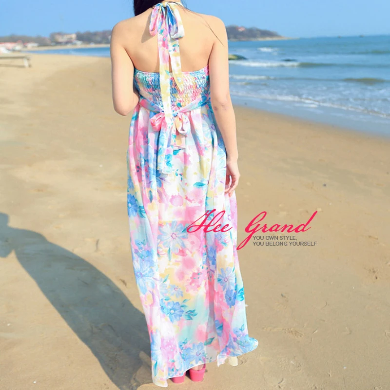 Лонг-платье 2016 лето женщины-бич цветочный принт спагетти ремень длинное платье