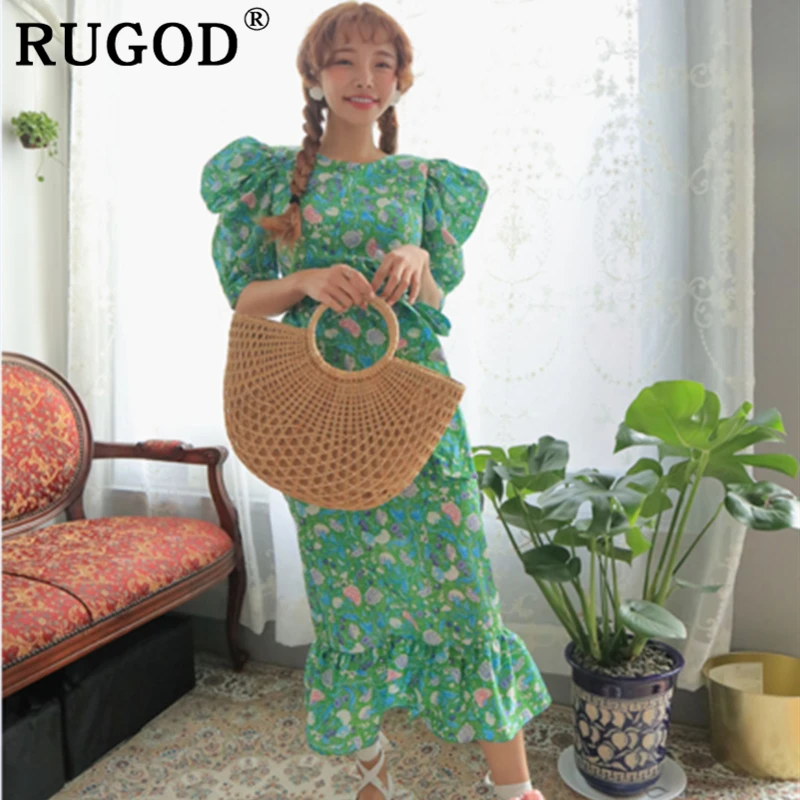RUGOD корейское шикарное женское платье с цветочным принтом, элегантное платье с оборками и пышными рукавами, длинные платья vestidos, летние пляжные женские платья