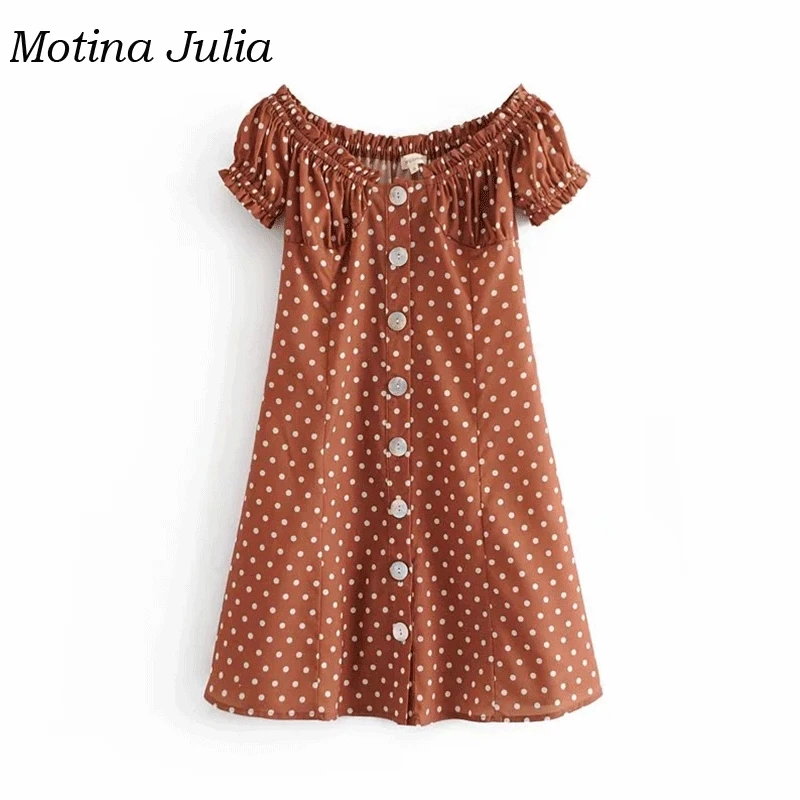 Motina Julia 2019 летнее платье в горошек с открытыми плечами женское на пуговицах