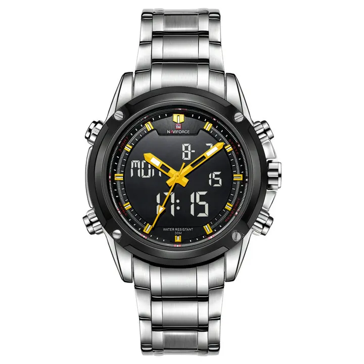 SILVER YELLOW NAVIFORCE, военные часы, люксовый бренд, кварцевые, светодиодный, цифровые часы, полностью стальной ремешок, водонепроницаемые, армейские, модные, двойное время, аналоговые часы - Цвет: SILVER YELLOW