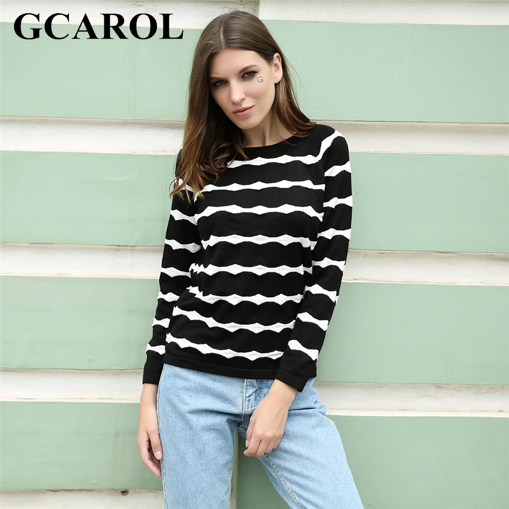 GCAROL Fall Winter New Wave White Striped Women Sweater High Quality Stretch Knitted Pullover Casual Basics Perfect Knit Tops | Женская
