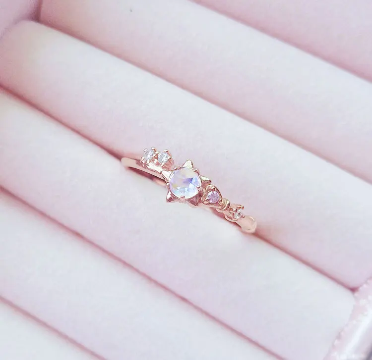 Star Ring Аниме Сейлор Чиби Мун S925 ожерелье из серебряных цепей лунный камень розовое золотое ожерелье с подвеской серьги-гвоздики кольцо ювелирный набор подарок - Окраска металла: Star Ring